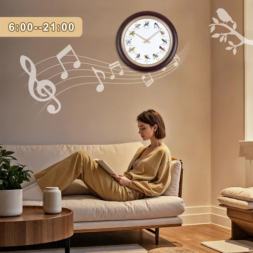 Vista 6 de Reloj de pared de pájaro cantante con canciones reales de pájaros de 13.3 pulgadas, movimiento silencioso sin tictac, reloj decorativo de animales