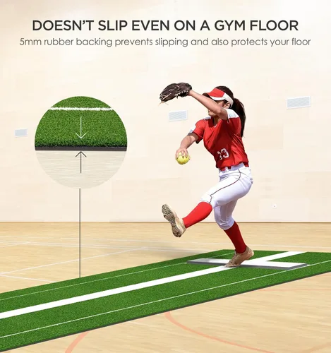 Vista 3 de Softball Pitching Mat with Rubber Pitching Mound for Pitchers Practice 10x3 Feet Turf Mat with Antislip Foam Backing for Softball and Fastpitch