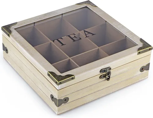 Vista 2 de Organizador de caja de té de madera MOLIGOU, cofre de almacenamiento de té con tapa de vidrio, 9 compartimentos, soporte para bolsas de té