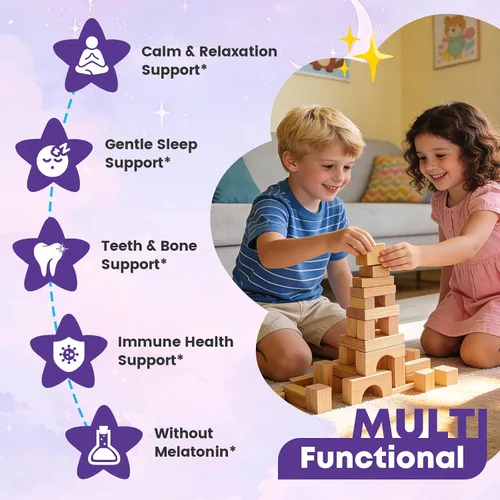 Vista 4 de Gomitas para dormir para niños, sin melatonina, gomitas para ayudar a dormir con magnesio y calcio, zinc, glicina, L-teanina, GABA, vitamina D3 K2