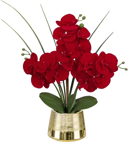 Vista 9 de Orquídeas blancas artificiales en maceta dorada, orquídea Phalaenopsis falsa, orquídea Bonsia sintética, centro de mesa para mesa de comedor