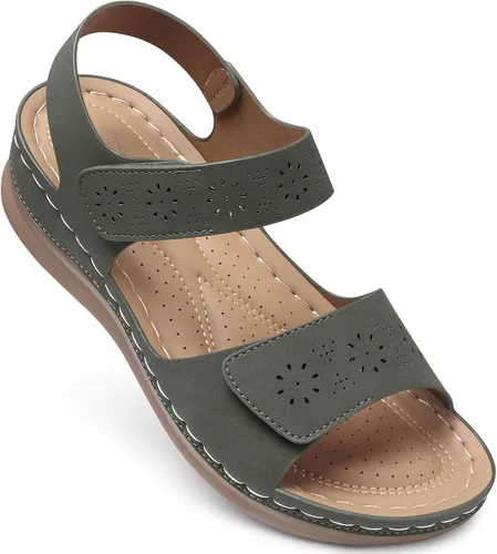 Vista 17 de Sandalias planas de SHIBEVER para mujer elegantes: Sandalias planas cómodas para mujer con punta abierta, correa al tobillo, zapatos de caminar