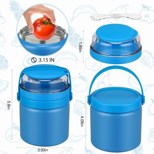 Vista 5 de JXXM Tarro de comida con doble aislamiento 2 en 1 de 13.5 onzas, termo de sopa con contenedor de aperitivos para niños, termo para comida caliente