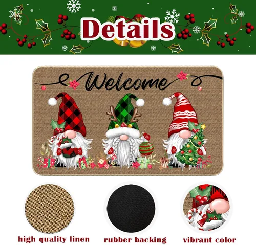 Vista 4 de TREWAVE Felpudo Decorativo de Bienvenida Navideño, Tapete de Puerta de Gnomo Navideño a Cuadros Buffalo, Alfombra de Entrada Antideslizante, 29 x 17