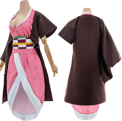 Vista 4 de Nezuko - Disfraz de kimono para niñas adultas, bata de anime japonés, disfraz de kimono de Halloween con accesorios de bambú