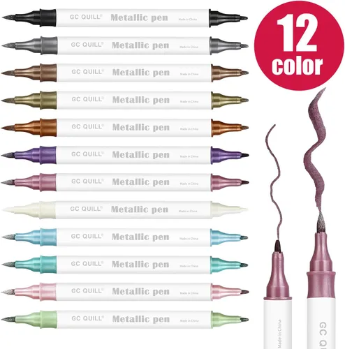 Vista 2 de Rotuladores metálicos de 12 colores – Brocha de doble punta y bolígrafos de punta fina para álbum de bricolaje, tarjetas negras, álbumes