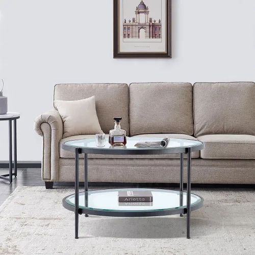 Vista 10 de Mesa de centro rectangular de cristal, mesa central de 2 niveles, mesa de café moderna para sala de estar, 43.3 x 23.62 pulgadas, color negro