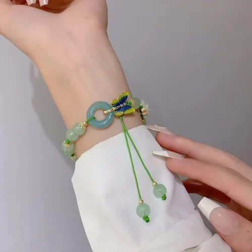 Vista 2 de Choistily Pulsera de jade con cuentas de jade para mujer, pulsera de la suerte, pulsera de hoja, pulsera de cuerda de cristal curativo, pulsera