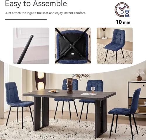 Vista 6 de Juego de 4 sillas de comedor de pana, modernas sillas de cocina tapizadas de tela con patas de metal, almohadillas ajustables, color azul