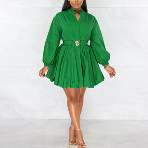 Vista 2 de Useagrey Elegante vestido de trabajo con cuello en V y botones para mujer, manga casquillo, recortado, fiesta, cóctel, plisado, vestido acampanado