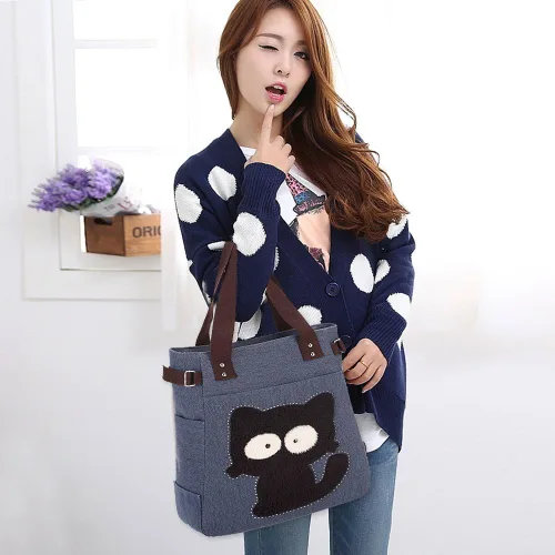 Vista 6 de KAUKKO Women Canvas Handbag Shoulder Bag Cat Big Tote Bag