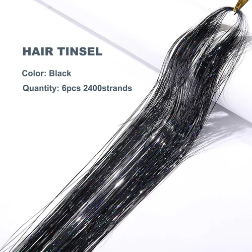 Vista 2 de Kit de oropel de cabello negro con herramienta, 6 piezas, 1200 hebras de extensiones de cabello de oropel con purpurina, resistentes al calor