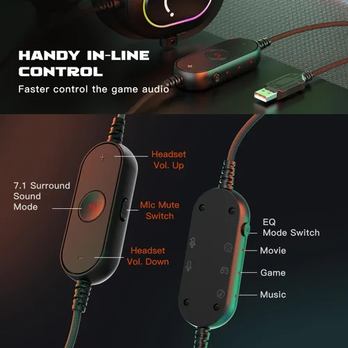 Vista 3 de FIFINE AmplGame H6 - Auriculares para juegos con cable de PC con micrófono, sonido envolvente 7.1, auriculares USB para computadora portátil