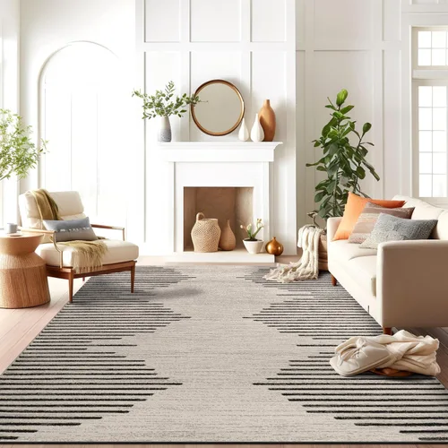 Vista 24 de Rugshop Alfombra bohemia a rayas resistente a las manchas, color beige, 2 x 7 pies