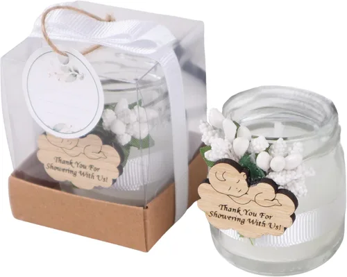 Vista 10 de HTF - Paquete de 5 velas en tarro de cristal, hechas a mano, recuerdos de fiesta de baby shower para niños, velas de vidrio para decoración de baby