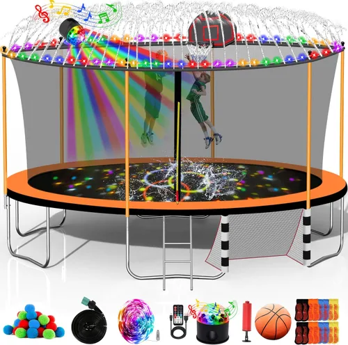 Vista 10 de Trampolín de 10 pies, 12 pies, 14 pies, 15 pies, 16 pies, para niños y adultos, trampolín al aire libre de 1500 libras con aro de baloncesto, red