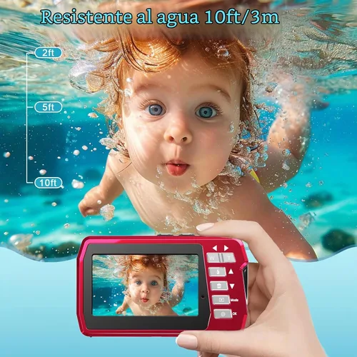 Vista 2 de Cámara digital subacuática 4K 48MP impermeable con tarjeta de 32 GB, selfie de doble pantalla (frontal y trasera), buceo de 10 pies/3M