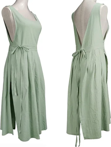 Vista 7 de Delantal plisado vintage para mujeres y niñas, cuello en V, para jardinería, de algodón, vestido de pinafore Verde