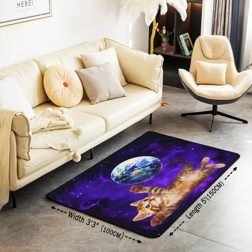 Vista 3 de Alfombra decorativa de gato de espacio exterior de 3 x 5 pies, diseño de plantas y gatitos, para niños, adolescentes, galaxia, cielo estrellado