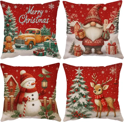 Vista 11 de Fundas de Almohada Feliz Navidad 12x12 Juego de 4 Fundas de Almohada de Terciopelo de Navidad Rosa Navidad Invierno Vacaciones Fundas de Almohada
