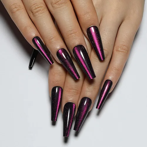 Vista 13 de Uñas postizas a presión largas, con brillo azul y diseño, acabado acrílico brillante, de cobertura completa, uñas postizas reutilizables para l002