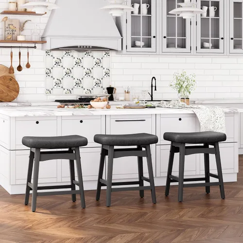 Vista 15 de ALPHA HOME Taburete de bar, taburete de cocina de silla de montar de madera maciza con cojín de tela de lino beige, taburete de bar de altura