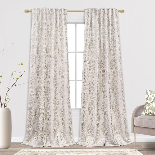 Vista 15 de Mrs.Naturall Cortinas Doradas de Lujo para Dormitorio, Cortinas con Patrón de Medallón Damasco para Cocina Baño Sala de Estar 63 Pulgadas de Largo