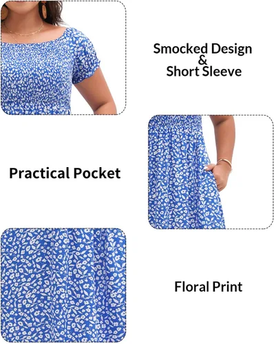 Vista 4 de Vestido bohemio para mujer, talla grande, estampado floral, hombros descubiertos, fruncido, dividido, vestido largo de verano