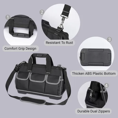 Vista 4 de Bolsa de herramientas resistente con 16 bolsillos, organizador de herramientas impermeable de 16 pulgadas con base reforzada, correa de hombro