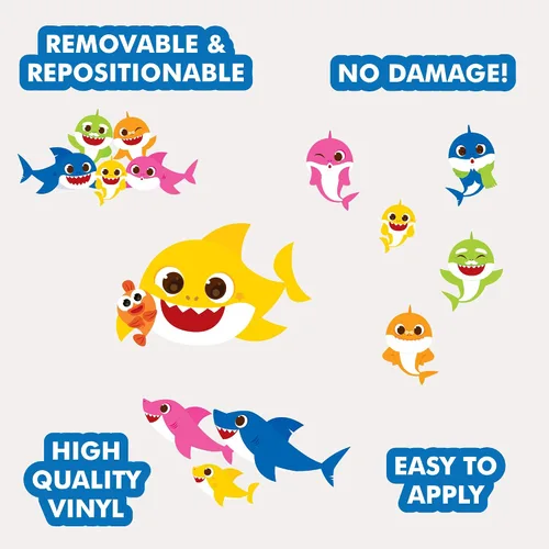 Vista 2 de Wall Palz Baby Shark Family - Juego de 8 calcomanías de pared de vinilo para decoración de baño, cuarto de bebé, dormitorio Baby Shark2