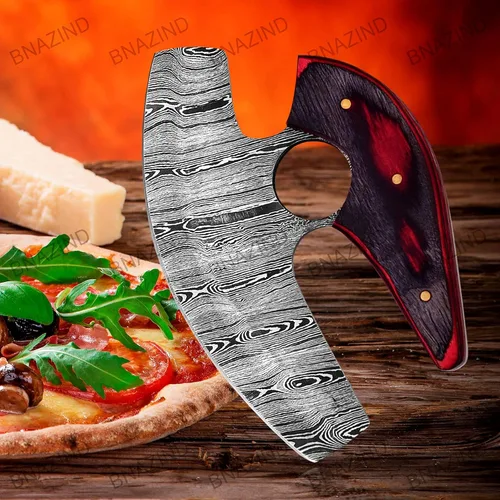Vista 6 de Damascus Alaskan Ulu Cuchillo cortador de pizza Cuchillo balancín - Cuchillos de Damasco multiusos para desollar, cazar, cuchillo de cortar
