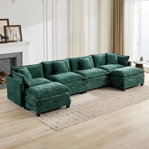 Vista 130 de Sofá seccional modular verde de 111.5", sofás seccionales grandes de 3 plazas para sala de estar, sofá nube oversized de tela chenille con otomana