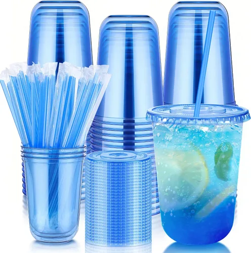 Vista 11 de tchrules Juego de 100 vasos de plástico negro de 12 onzas con tapas y pajitas, taza de café helado desechable con tapa, parte inferior redonda