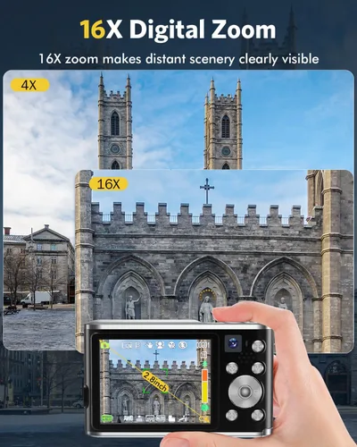 Vista 8 de Cámara digital FHD 4K para vlogging con enfoque automático, lente dual de 48MP, zoom digital 16X, pantalla IPS de 2.8" compacta, cámara de video