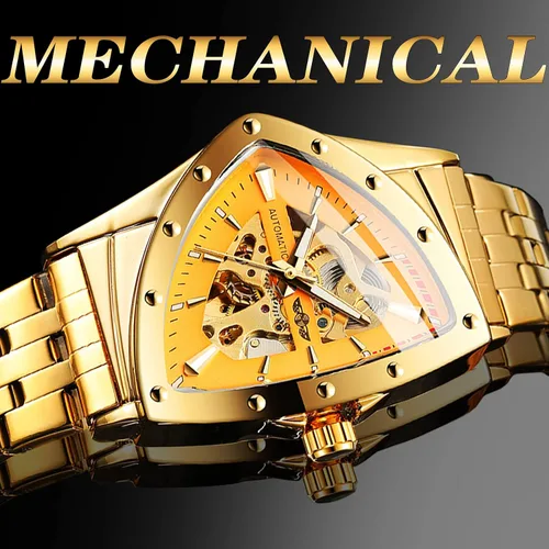 Vista 5 de FORSINING Reloj mecánico automático de esqueleto triangular para hombre, de lujo, dorado, negro, acero inoxidable, impermeable, luminoso, deportivo