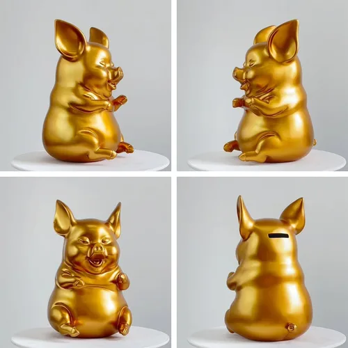 Vista 4 de HAUCOZE Alcancía para monedas, estatua de cerdo, escultura moderna, decoración del hogar, dormitorio, arte, regalo, poliresina, oro, 8.3 pulgadas