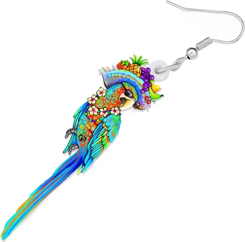 Vista 4 de LONYOO Aretes acrílicos de pájaro loro guacamayo, joyería de verano, colgante, guacamayo escarlata, regalos para mujeres y niñas