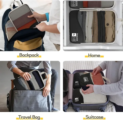Vista 7 de Juego de 8 cubos de embalaje de compresión, cubos de embalaje de compresión con doble cremallera para viajes, bolsas de embalaje de malla