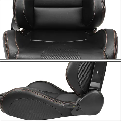 Vista 4 de IKON MOTORSPORTS, Par de asientos universales de carreras con deslizadores dobles, color negro con puntada naranja PU y cuero de carbono