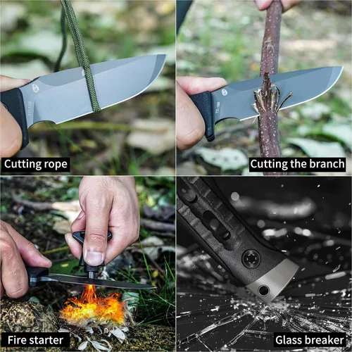Vista 5 de HX OUTDOORS Cuchillo de Hoja Fija para Acampar con Iniciador de Fuego, Cuchillo de Supervivencia Bushcraft de Acero DC53 Premium con Espiga Completa