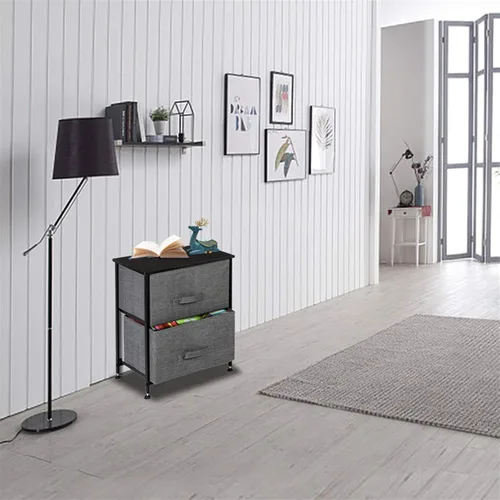 Vista 2 de Mueble de mesa de noche con 2 cajones, torre de almacenamiento de mesa auxiliar, marco de acero resistente, parte superior de madera, cubos de tela