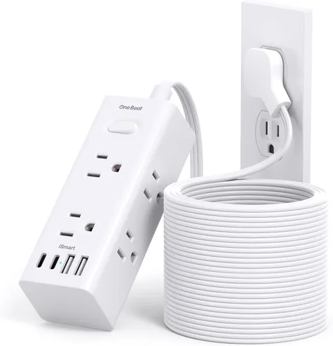 Vista 21 de Cable de extensión de 1 pie con múltiples tomas, regleta de alimentación de enchufe plano con cable de 1 pie, 6 tomas de corriente, 4 puertos USB