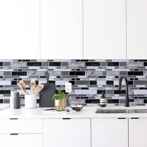 Vista 5 de Loseta en muro adhesiva de color blanco y negro para cocina, papel tapiz removible de 17.7 x 196.8 pulgadas, papel adhesivo con azulejos para baño