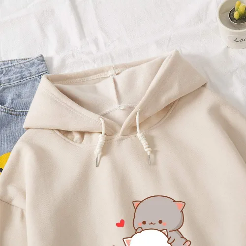 Vista 3 de Sudadera con capucha de algodón casual con diseño de gato de dibujos animados Kawaii para mujer