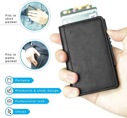 Vista 3 de Print Supremacy Cartera de cuero con funda de metal para tarjetas de crédito con cierre magnético (hasta 5 tarjetas), interruptor de plástico con 2