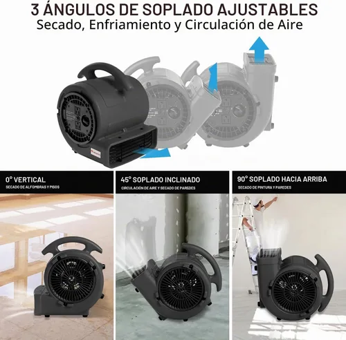Vista 4 de MOUNTO Ventilador Air Mover de 1/5 hp de 800 cfm, ventilador de secado de pisos, motor de aire compacto de 3 velocidades con doble salida, cable