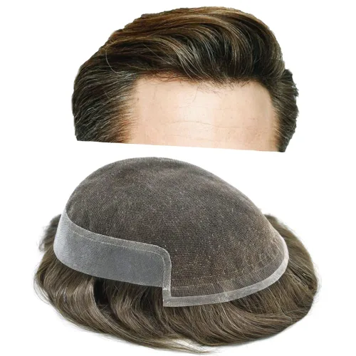 Vista 30 de Tupé de encaje suizo para hombres, piezas de cabello humano real, encaje frontal, sistema de reemplazo de cabello tipo tupé, nudo blanqueado, línea