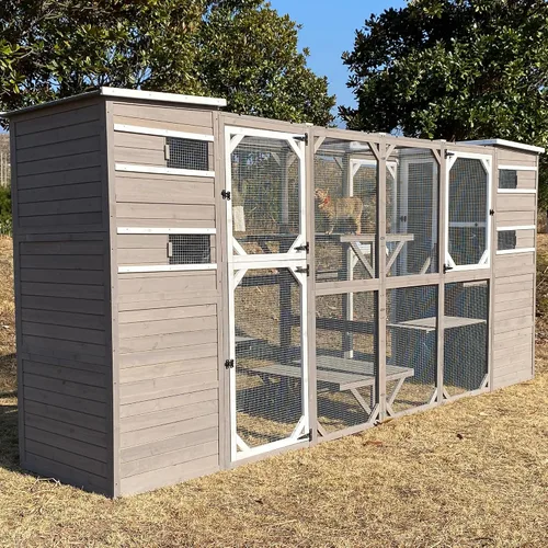 Vista 9 de Gowoodhut Catio grandes recintos para exteriores – Casa de madera para gatos resistente a la intemperie con múltiples plataformas y techo resistente