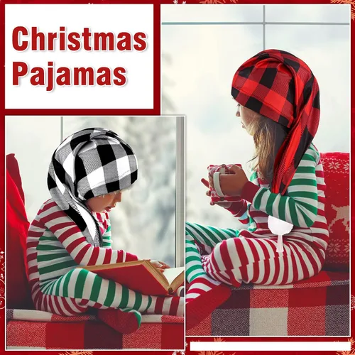 Vista 4 de Janmercy 2 gorros de dormir ajustables para hombre, gorro de dormir de búfalo a cuadros para adultos con bolas y borlas