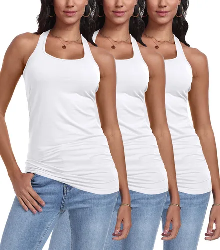 Vista 14 de Paquete de 3 camisetas sin mangas con espalda cruzada para mujer Negro+blanco+rosa
